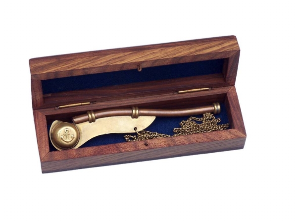 Picture of Handcrafted Model Ships K-236-AN 5 in. Hampton Antique Brass Boatswain Bosun Whistle with Rosewood Box