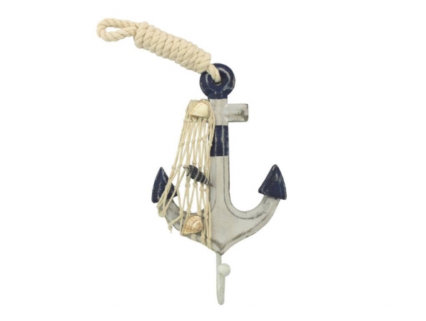 7 in. Wooden Rustic Decorative Blue & White Anchor with Hook