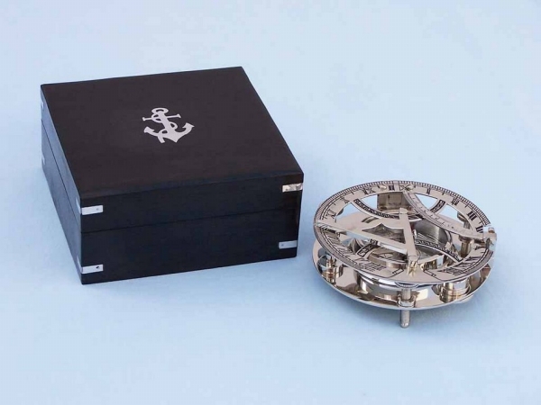 6 in. Chrome Round Sundial Compass with Black Rosewood Box