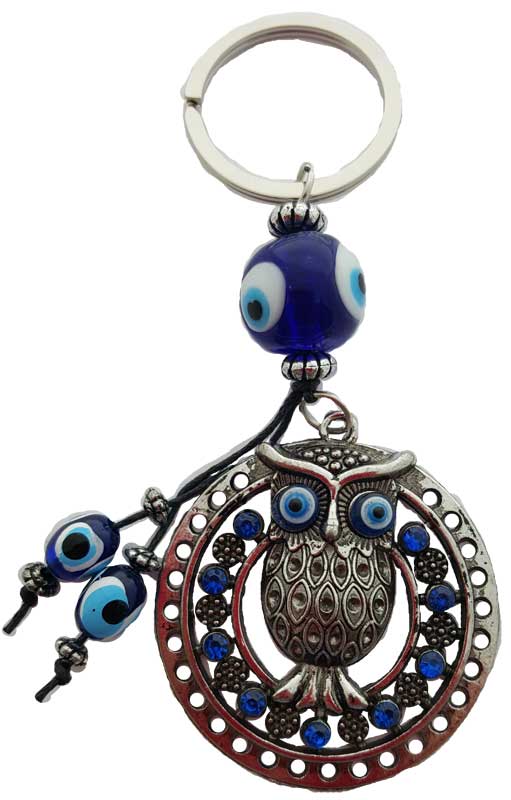 Picture of AzureGreen JK001 Blown Glass Owl Evil Eye Keychain&#44; 4.5 in.