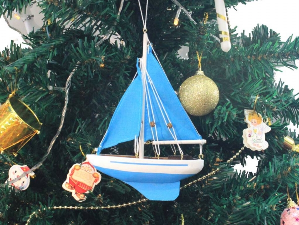 Sailboat9-113-XMAS 9 in. Wooden Light Blue Sailboat with Light Blue Sails Christmas Tree Ornament