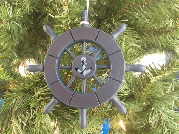 6 in. Dark Blue Decorative Ship Wheel with Anchor Christmas Tree Ornament 6 in.