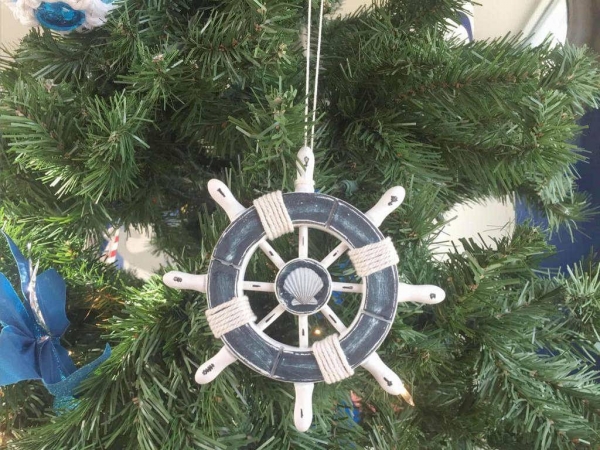 6 in. Rustic Dark Blue & White Decorative Ship Wheel with Seashell Christmas Tree Ornament
