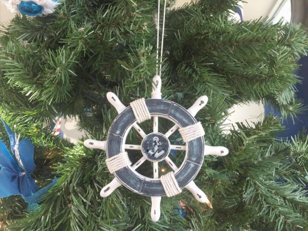 6 in. Rustic Dark Blue & White Decorative Ship Wheel with Anchor Christmas Tree Ornament
