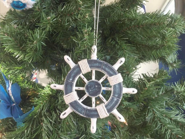 6 in. Rustic Dark Blue & White Decorative Ship Wheel Christmas Tree Ornament