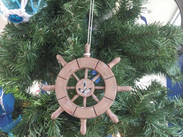 6 in. Rustic Wood Finish Decorative Ship Wheel with Anchor Christmas Tree Ornament