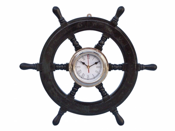 18 in. Deluxe Class Wood & Chrome Pirate Ship Wheel Clock - Black - 18in.