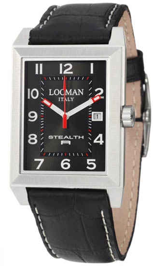 240BK2BK Rectangular Stainless Steel Stealth R Quartz Black Dial Leather Strap Mens Watch -  Locman