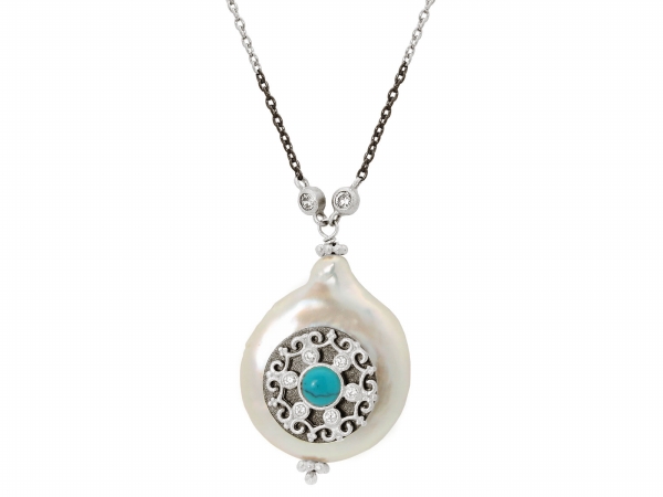 Picture of Fronay Collection 211590 Silver Coin Pearl & Turquoise Pendant Necklace&#44; 16 in. Plus 2 in.