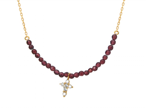 Picture of Fronay Collection 551150G Silver Gold Plated Center Garnets Beads Cubic Zirconia Cross Charm&#44; 16 in. Plus 2 in.