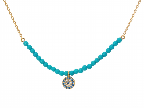 Picture of Fronay Collection 551149TG Silver Gold Plated Center Turquoise Beads Cubic Zirconia Circle - Eye Charm&#44; 16 in. Plus 2 in.
