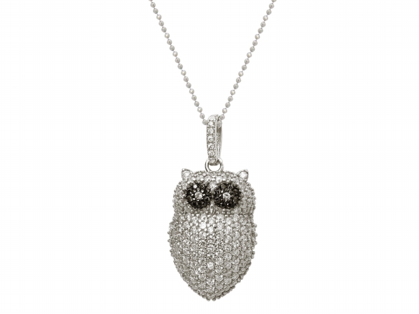 Picture of Fronay Collection 411398 Silver Rhodium Plated Micro Pave Cubic Zirconia Owl Charm & 18 in. Beads Chain