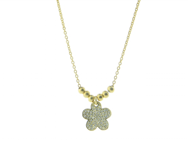 Silver Gold Plated Flower Pendant Pave Cubic Zirconia & 6 Ball Beads Necklace, 16 in. Plus 2 in -  The Gem Collection, TH978580