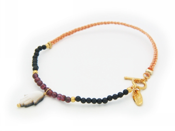 Picture of Fronay Collection 552111 Silver Gold Plated Cord Mini Garnets & Onyx Beads&#44;Grey MOP Hamsa Bracelet