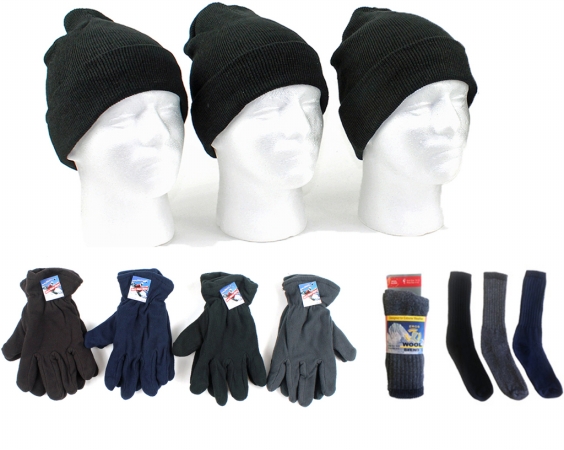 Picture of DDI 1930963 Adult Beanie Knit Hats&#44; Mens Fleece Gloves&#44; & Wool Blend Socks Combo - Case of 180