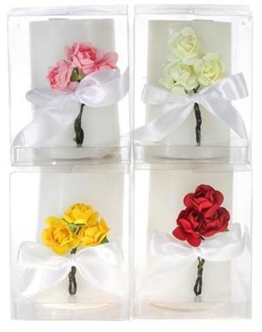 White Pillar Candle with Roses & Ribbon - Assorted, Light Scent case of 48