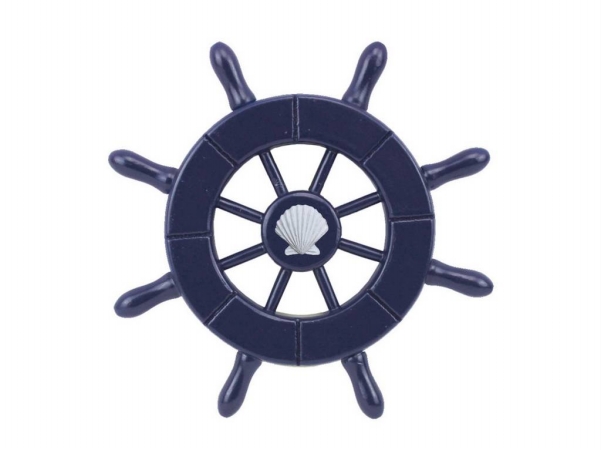 6 in. Dark Blue Decorative Ship Wheel with Seashell
