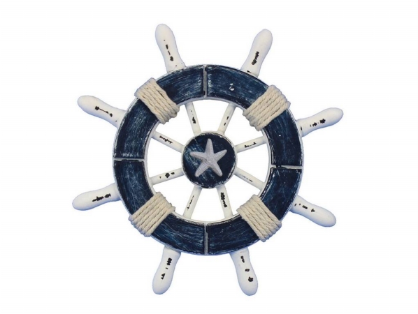 6 in. Rustic Dark Blue & White Decorative Ship Wheel with Starfish