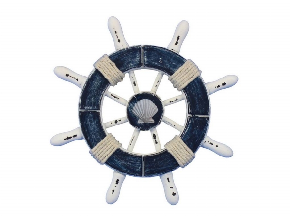 6 in. Rustic Dark Blue & White Decorative Ship Wheel with Seashell