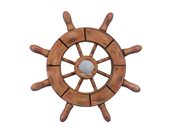 6 in. Rustic Wood Finish Decorative Ship Wheel with Seashell