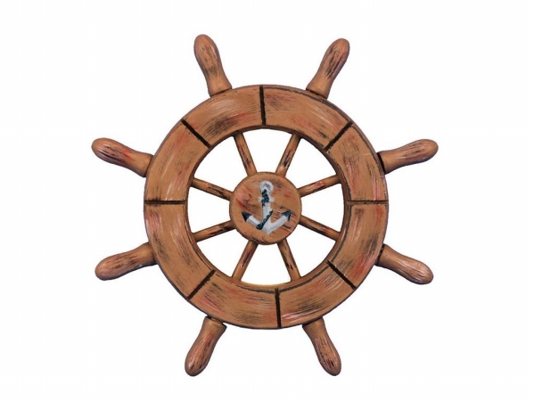 6 in. Rustic Wood Finish Decorative Ship Wheel with Anchor