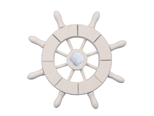 6 in. White Decorative Ship Wheel with Seashell