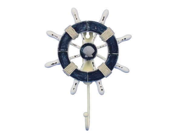 8 in. Rustic Dark Blue & White Decorative Ship Wheel with Seashell & Hook