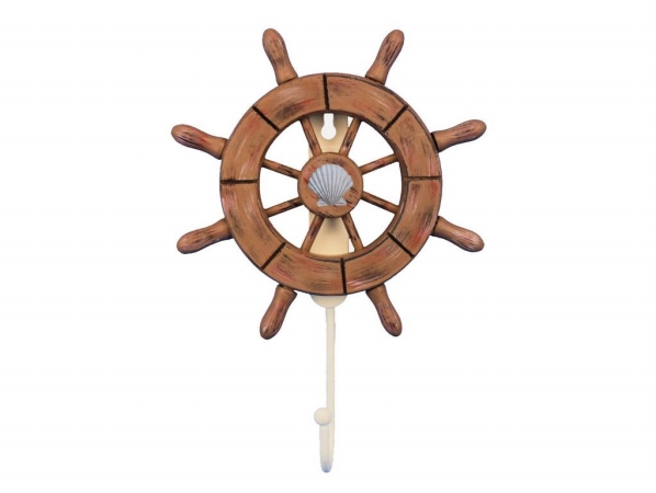 8 in. Rustic Wood Finish Decorative Ship Wheel with Seashell & Hook