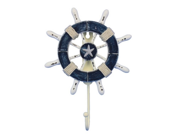 8 in. Rustic Dark Blue & White Decorative Ship Wheel with Starfish & Hook