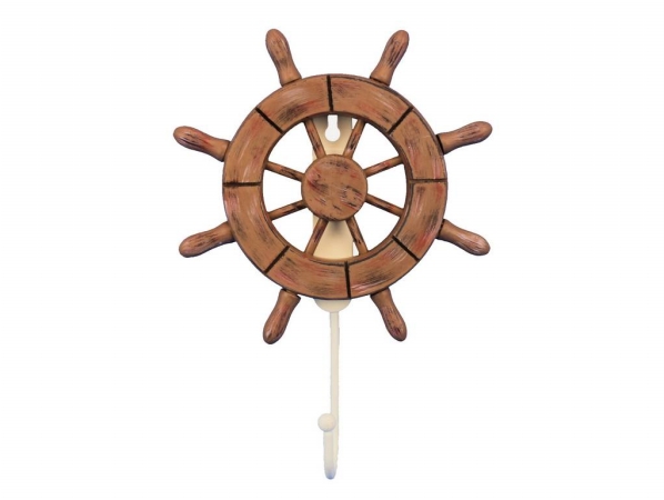 8 in. Rustic Wood Finish Decorative Ship Wheel with Hook