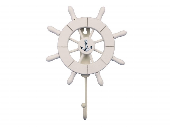 8 in. White Decorative Ship Wheel with Anchor & Hook
