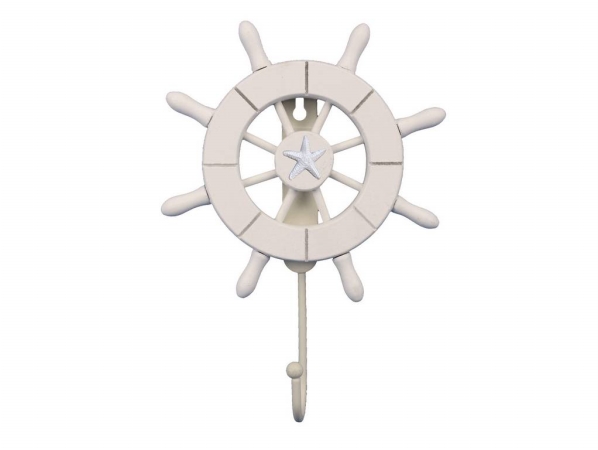 8 in. White Decorative Ship Wheel with Starfish & Hook