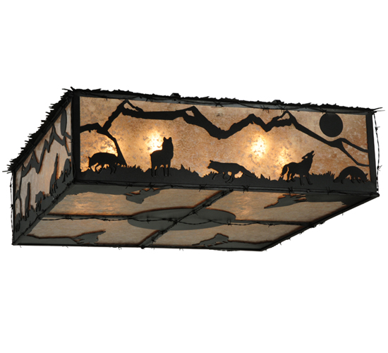 136276 39 in. Square Northwoods Wolf on The Loose Flushmount, Black & Silver Mica