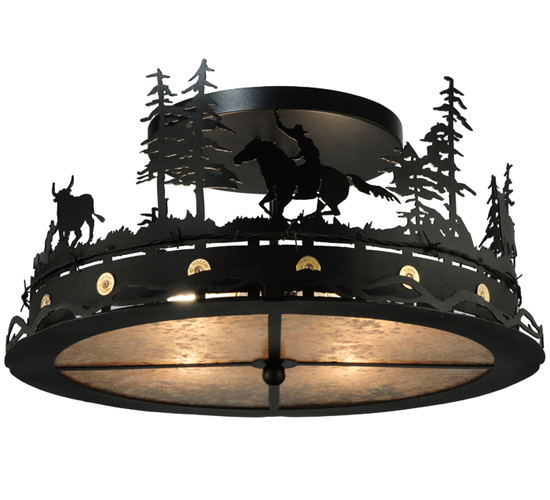 136277 22 in. Cowboy & Steer Flushmount, Black & Silver Mica
