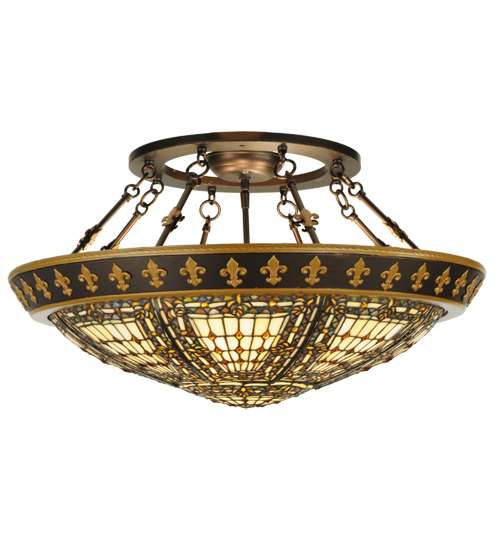 141232 28 in. Fleur-De-Lis Semi-Flushmount, Beige Ha Green & Blue Amber