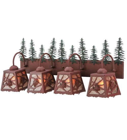 142631 35 in. Spruce Pine 4 Light Vanity Light, Rust & Wrt Iron & Green Trees