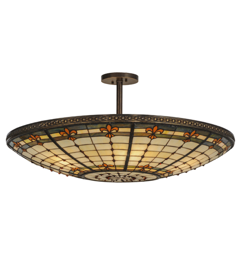 144204 36 in. Fleur-De-Lis Semi-Flushmount, Beige Ha Green & Blue Amber