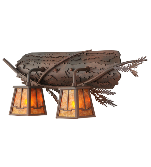 147326 24 in. Pine Branch Valley View 2 Light Vanity Light, Rust & Wrought Iron & Amber Mica