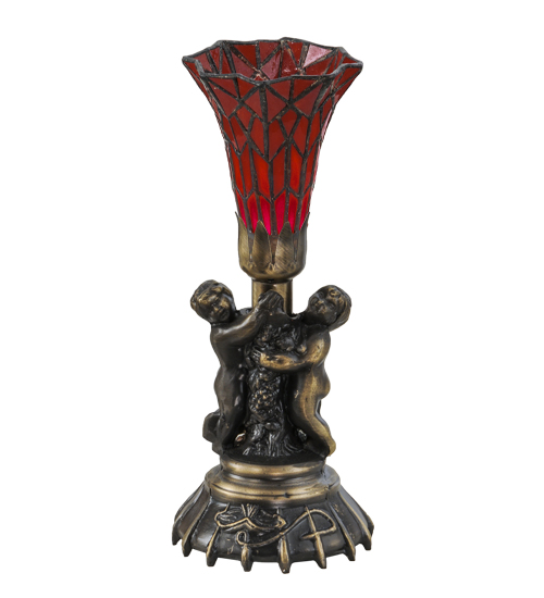 151921 13 in. Twin Cherub Tiffany Pond Lily Mini Lamp - Victorian Tiffany Floral Art Glass -  Meyda