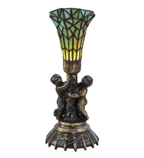 151922 13 in. Twin Cherub Tiffany Pond Lily Mini Lamp - Victorian Tiffany Floral Art Glass -  Meyda