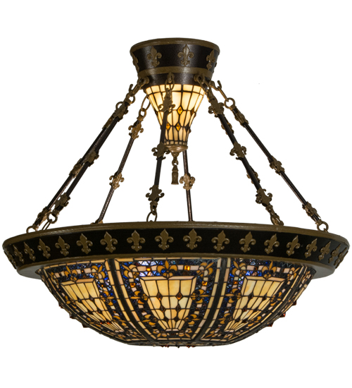 28.5 in. Fleur-De-Lis Semi-Flushmount, Beige Ha Green & Blue Amber