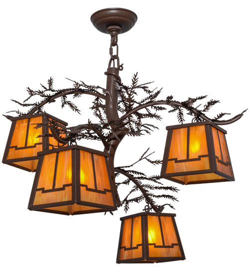 28 in. Pine Branch Valley View 4 Light Chandelier, Cafe Noir & Has