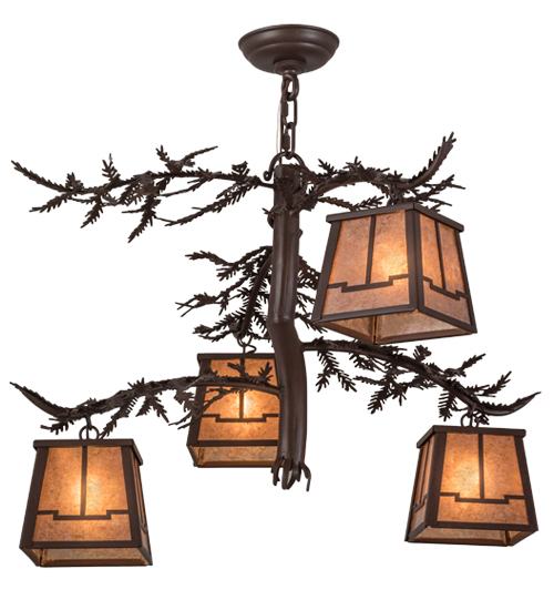 28 in. Pine Branch Valley View 4 Light Chandelier, Cafe Noir & Silver Mica