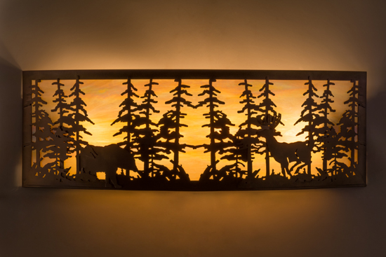 36 in. Tall Pines with Bear & Deer Wall Sconce, Antique Copper & Bai