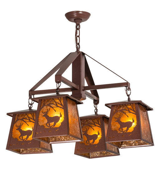 28 in. Deer At Dawn 4 Light Chandelier, Rust & Amber Mica