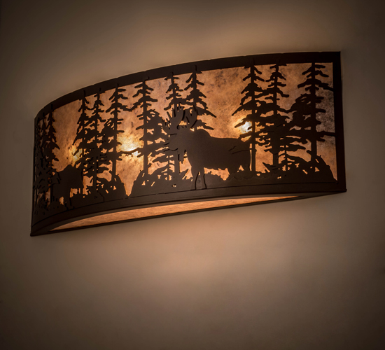 36 in. Tall Pines with Bear & Moose Wall Sconce, Cafe Noir & Silver Mica