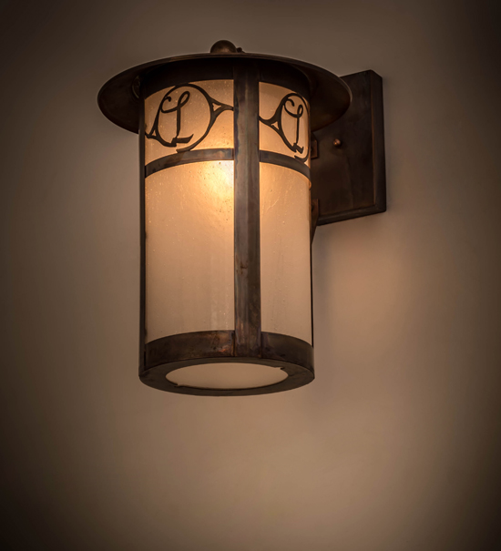 10 in. Fulton Personalized Monogram Solid Mount Wall Sconce, Clear Seedy Wissmach Frostwith Diffusor Vintage Copper