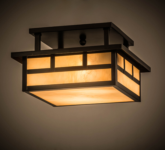 12 in. Square Hyde Park Double Bar Mission Flushmount, Carmel Onyx Craftsman Brown