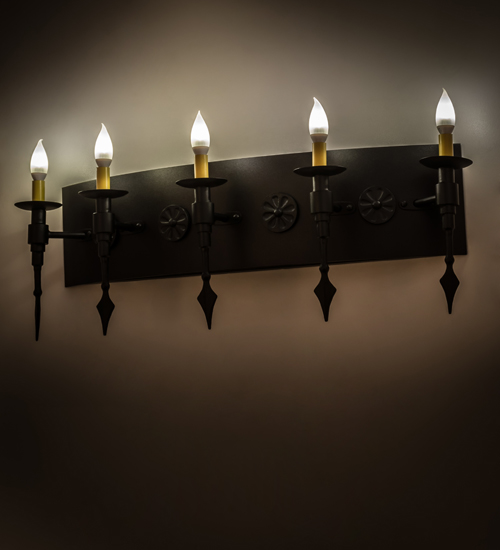 36 in. Warwick 5 Light Wall Sconce, Textured Black Cream Candles, No Drips