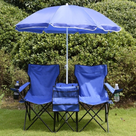 Picture of  CB16607 Double Folding Picnic Camping Chair with Umbrella&#44;Table & Cooler Beach